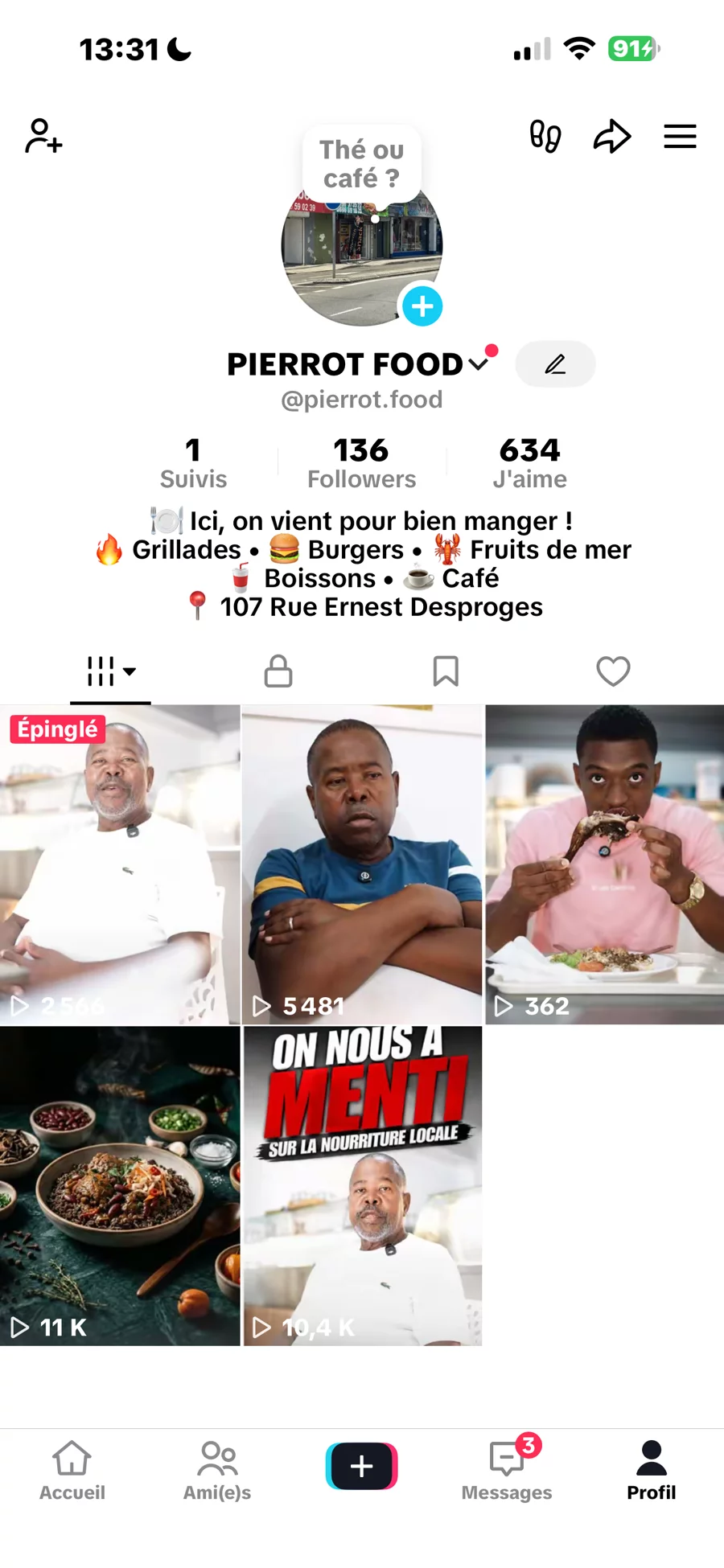 Compte TikTok Pierrot Food avec des vidéos à plus de 10 000 vues